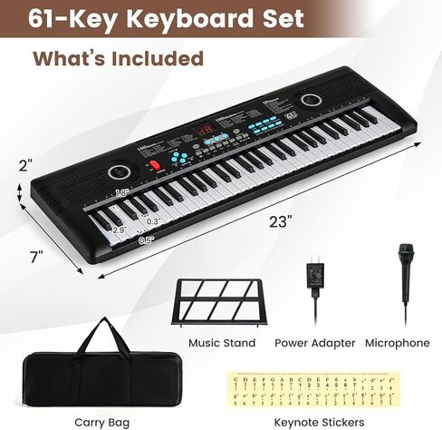 Costzon 61 Key Keyboard Piano, Electric Digital Piano Keyboard with Microphone, Music Stand, Keynote Stickers & Carrying Bag, Portable Keyboard Piano for Beginners Adults in Saudi Arabia