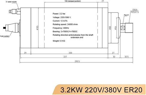 3.2KW Spindle Motor Tool Water Cooling ER20 Chuck 220V 380V Diameter 105MM 4 Bearings(220V,GDZ-24-2) in Saudi Arabia