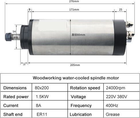1.5kw ER11 Water-Cooled Spindle Motor Φ80x200mm 400Hz 24000rpm 4 Bearings(1.5kw ER11 380V) in Saudi Arabia