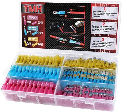 TMH 300 PCS Heat Crink Spade Connecors AWG 22-10 موصلات الأسلاك الكهربائية - محطات آسيا الإناث والذكور للمراكب المائية ، والالكترونيات ، وموصلات تجعيد السيارات in Kuwait
