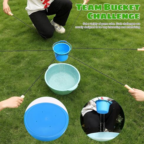 Team Bucket Challenge Team Building Activity Sports Outdoors for 8 to 24 Kids or Adults with 4 Buckets, 2 Bucket Holding Rings, 6 Carry Ropes Per Ring and Activity Guide for Field Days in Saudi Arabia