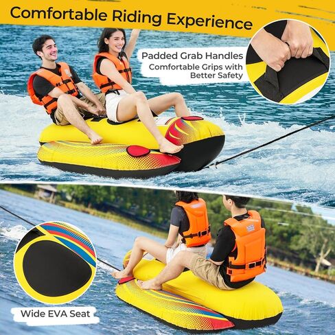 GYMAX Hot Dog Towable, 2/3 Riders Towable Tube for Boating with EVA Seat Pads, Easy Grip Handles, Full 900D Nylon Cover & Drainage System, Inflatable Floating Banana Boat in Saudi Arabia