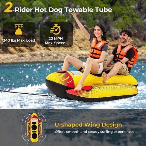 GYMAX Hot Dog Towable, 2/3 Riders Towable Tube for Boating with EVA Seat Pads, Easy Grip Handles, Full 900D Nylon Cover & Drainage System, Inflatable Floating Banana Boat in Saudi Arabia