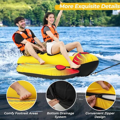 GYMAX Hot Dog Towable, 2/3 Riders Towable Tube for Boating with EVA Seat Pads, Easy Grip Handles, Full 900D Nylon Cover & Drainage System, Inflatable Floating Banana Boat in Saudi Arabia