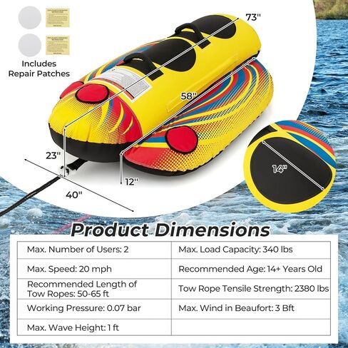 GYMAX Hot Dog Towable, 2/3 Riders Towable Tube for Boating with EVA Seat Pads, Easy Grip Handles, Full 900D Nylon Cover & Drainage System, Inflatable Floating Banana Boat in Saudi Arabia