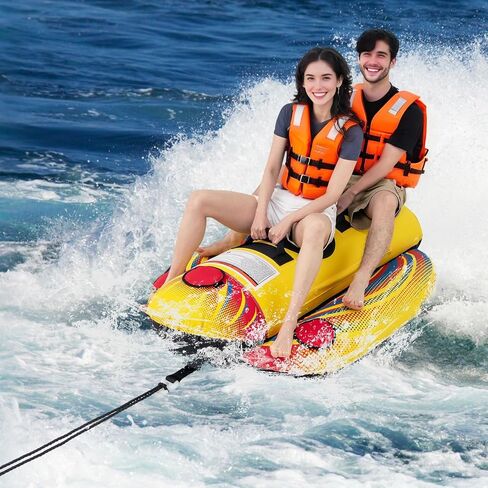 GYMAX Hot Dog Towable, 2/3 Riders Towable Tube for Boating with EVA Seat Pads, Easy Grip Handles, Full 900D Nylon Cover & Drainage System, Inflatable Floating Banana Boat in Saudi Arabia