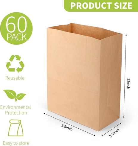 16 Lb Heavy Duty Kraft Paper Bags 60 Pcs Bulk, 9.8x5.5x13 Inch - Natural Brown Grocery Bags for Large Snacks, Takeout, Bakery, Restaurant | Sandwich & Lunch bags for Household, Shopping in Kuwait