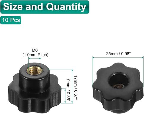 uxcell 10pcs Clamping Star Knobs M4 Metric Female Thread 25mm 7-Point Star Plastic Head Through Hole Brass Insert Screw-in Threaded Hand Knob Handles Jig Knobs, Black in Saudi Arabia