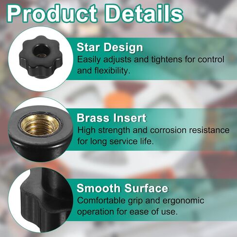 uxcell 10pcs Clamping Star Knobs M4 Metric Female Thread 25mm 7-Point Star Plastic Head Through Hole Brass Insert Screw-in Threaded Hand Knob Handles Jig Knobs, Black in Saudi Arabia