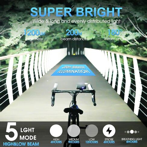 Super Bright LED Bike Light Bar for E-Bike - 1200 Lumens with High/Low Beam, 5 Modes, USB-C Rechargeable, Universal Mount for Mountain/Road Bikes & Out Front Mount in Kuwait