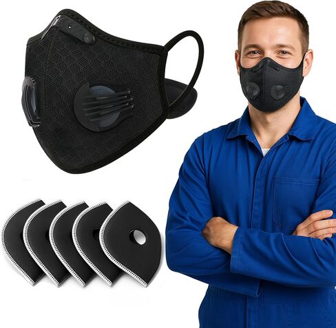 ToughCraft Reusable Dust Mask, Breathable Face Mask with 6 Filters for Dust, Welding, Construction, Sanding, Paint, Woodworking, Dual Breathing Valve for Cycling, Running, Outdoor Sports - Black in Saudi Arabia