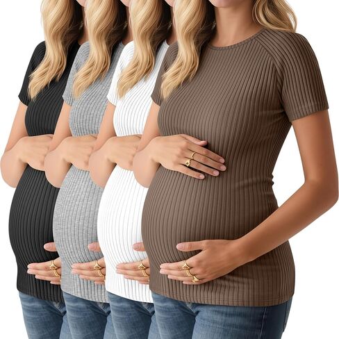 4 Pack Women's Maternity Shirts Short Sleeve Ribbed Pregnancy Tops Crew Neck Raglan Casual Cotton Summer Tee Tunic in Saudi Arabia