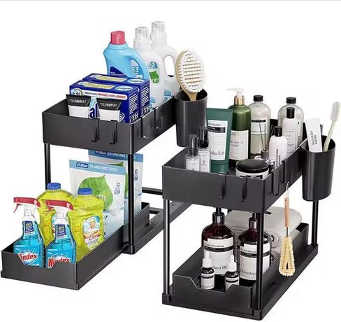 2 Packs of Under Sink Organizers with Storage, Slide Out Pull Out Cabinet Organizer Shelf, Metal Sliding Drawer for Kitchen Bathroom Pantry Cabinet Closet Organization Rack in Saudi Arabia