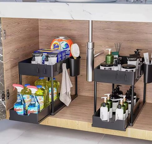 2 Packs of Under Sink Organizers with Storage, Slide Out Pull Out Cabinet Organizer Shelf, Metal Sliding Drawer for Kitchen Bathroom Pantry Cabinet Closet Organization Rack in Saudi Arabia