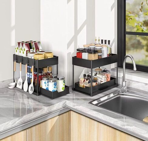 2 Packs of Under Sink Organizers with Storage, Slide Out Pull Out Cabinet Organizer Shelf, Metal Sliding Drawer for Kitchen Bathroom Pantry Cabinet Closet Organization Rack in Saudi Arabia