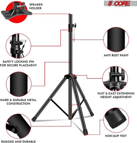 5 Core Speaker Stand Floor Floor Highted Duty يمكن تعديله حتى 72 بوصة DJ Studio Monitor Stands Mount Pole - (أسود) in Saudi Arabia