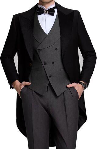Men's 3 Piece Tuxedo Suit Slim Fit Swallow Long Tailcoat Performances Dinner Party Wedding Double Breasted Vest Pants in Kuwait