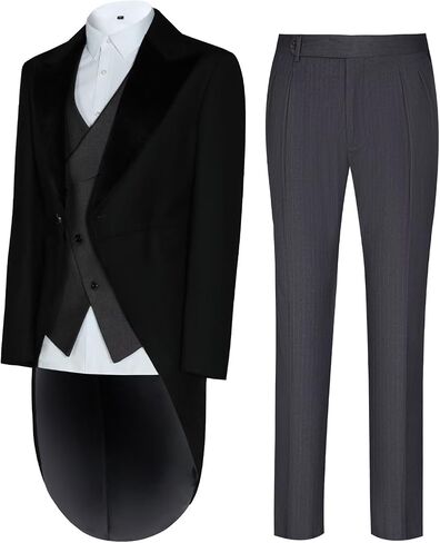 Men's 3 Piece Tuxedo Suit Slim Fit Swallow Long Tailcoat Performances Dinner Party Wedding Double Breasted Vest Pants in Kuwait