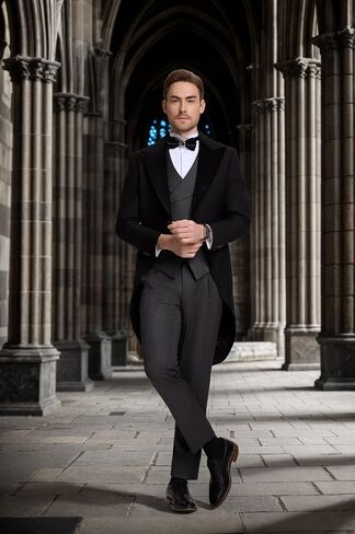 Men's 3 Piece Tuxedo Suit Slim Fit Swallow Long Tailcoat Performances Dinner Party Wedding Double Breasted Vest Pants in Kuwait