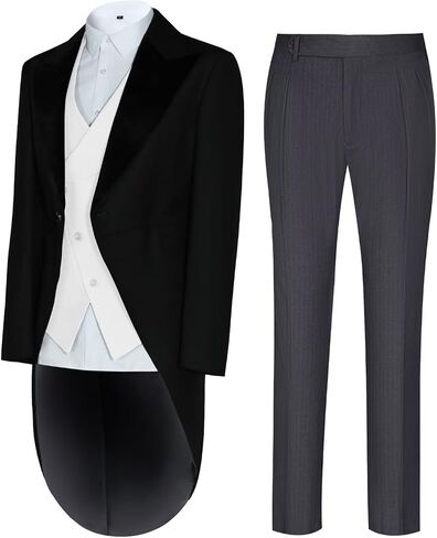 Men's 3 Piece Tuxedo Suit Slim Fit Swallow Long Tailcoat Performances Dinner Party Wedding Double Breasted Vest Pants in Kuwait