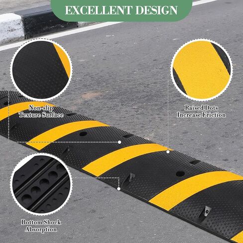 72" Speed Bumps, Rubber Speed Humps, 2 Channel Modular Heavy Duty Speed Humps, 25000Lbs Load Capacity Cable Protector Ramps for Road Driveway with 8 Bolt Spikes, 2 End Caps in Kuwait