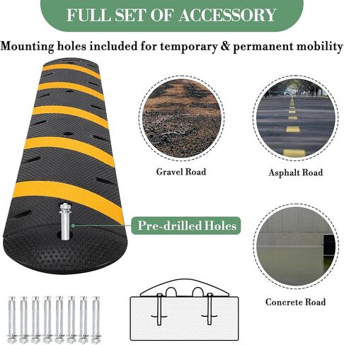 72" Speed Bumps, Rubber Speed Humps, 2 Channel Modular Heavy Duty Speed Humps, 25000Lbs Load Capacity Cable Protector Ramps for Road Driveway with 8 Bolt Spikes, 2 End Caps in Kuwait