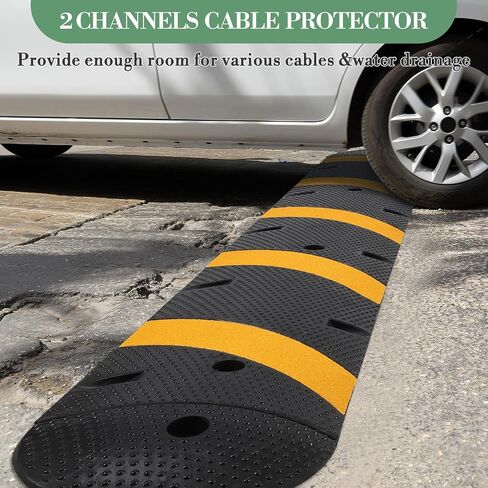 72" Speed Bumps, Rubber Speed Humps, 2 Channel Modular Heavy Duty Speed Humps, 25000Lbs Load Capacity Cable Protector Ramps for Road Driveway with 8 Bolt Spikes, 2 End Caps in Kuwait