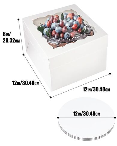 qiqee White 12x12x8 Cake Box, 4 Sets White Cake Box with Window ＆ 4 Sets 12" White Cake Round Boards, 12inch Cake Containers in Saudi Arabia