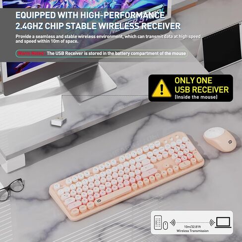 FD Wireless Keyboard and Mouse Combo - 2.4G Full-Sized Cute Colorful Mouse and Keyboard with 104 Round Keys Retro Typewriter Keyboard for Laptop/Windows/PC - Black Orange in Saudi Arabia