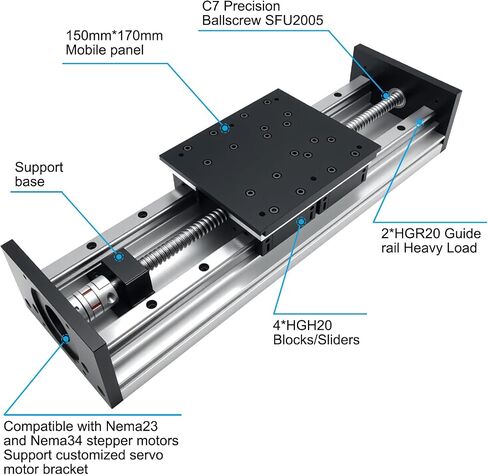 CNC Linear Rail Guide Heavy Duty Sliding Stage 150mm Wide 2005 Ballscrew Double Guide 4 Slide Horizontal Load Max 550 lb 250KG C7 Linear Table with Nema23 NEMA34 Motor Bracket Couplings for DIY in Saudi Arabia