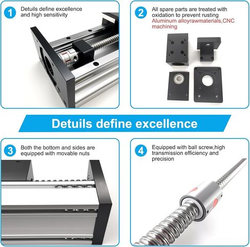 CNC Linear Rail Guide Heavy Duty Sliding Stage 150mm Wide 2005 Ballscrew Double Guide 4 Slide Horizontal Load Max 550 lb 250KG C7 Linear Table with Nema23 NEMA34 Motor Bracket Couplings for DIY in Saudi Arabia