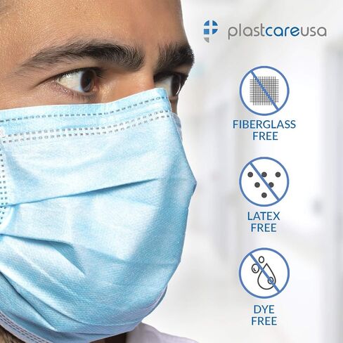 Plastcare USA ASTM المستوى 1 أقنعة الوجه 3-ply ، أقنعة زرقاء يمكن التخلص منها في 50 أو 1000 حزمة in Saudi Arabia
