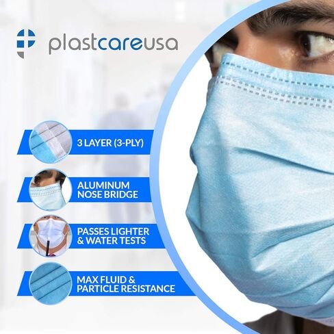 Plastcare USA ASTM المستوى 1 أقنعة الوجه 3-ply ، أقنعة زرقاء يمكن التخلص منها في 50 أو 1000 حزمة in Saudi Arabia