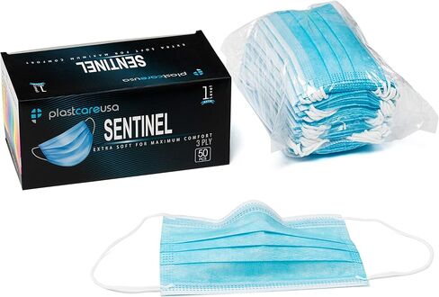 Plastcare USA ASTM المستوى 1 أقنعة الوجه 3-ply ، أقنعة زرقاء يمكن التخلص منها في 50 أو 1000 حزمة in Saudi Arabia