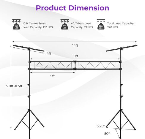 Tangkula Stage Lighting Stand, 14FT Lighting Truss System w/32 Lights Hold 220LBS Capacity, 11 Adjustable Height, Retractable T Bar, Non-slip Pads, Freestanding Metal DJ Lighting Truss for Party Bar in Saudi Arabia