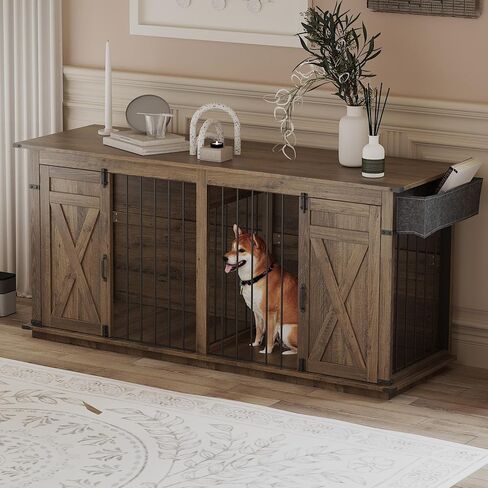 78.8 "أثاث قفص مزدوج الكلب مع أبواب الحظيرة المنزلق ، 4 مساحات تخزين ، بيت كسنيل للحيوانات الأليفة الداخلية الكبيرة ل 2 ، قفص على طراز المزرعة (البلوط الرمادي الداكن) in Kuwait