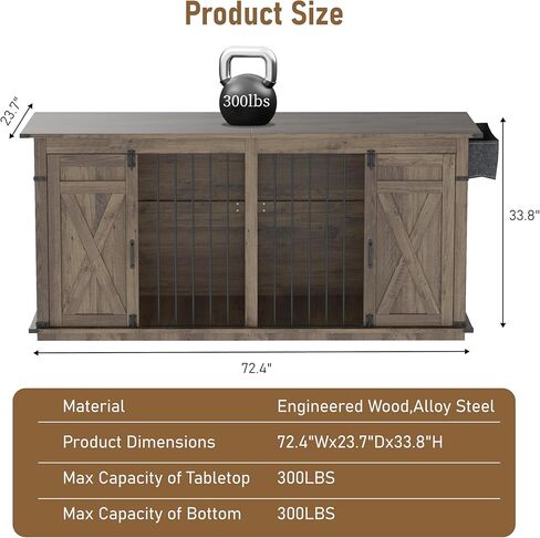 78.8 "أثاث قفص مزدوج الكلب مع أبواب الحظيرة المنزلق ، 4 مساحات تخزين ، بيت كسنيل للحيوانات الأليفة الداخلية الكبيرة ل 2 ، قفص على طراز المزرعة (البلوط الرمادي الداكن) in Kuwait