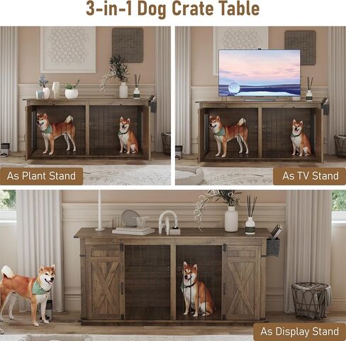 78.8 "أثاث قفص مزدوج الكلب مع أبواب الحظيرة المنزلق ، 4 مساحات تخزين ، بيت كسنيل للحيوانات الأليفة الداخلية الكبيرة ل 2 ، قفص على طراز المزرعة (البلوط الرمادي الداكن) in Kuwait