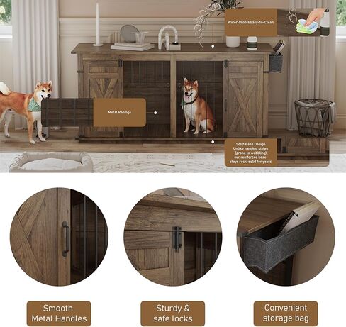 78.8 "أثاث قفص مزدوج الكلب مع أبواب الحظيرة المنزلق ، 4 مساحات تخزين ، بيت كسنيل للحيوانات الأليفة الداخلية الكبيرة ل 2 ، قفص على طراز المزرعة (البلوط الرمادي الداكن) in Kuwait