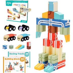 QBI Magnetic Blocks Play Starter Set ｜ 4-in-1 STEM Building مع 4 سيارات ومسارات ثلاثية الأبعاد ｜ ألعاب المغناطيس الحسية التعليمية ｜ ألعاب Montessori في مرحلة ما قبل المدرسة للأطفال الذين تتراوح أعمارهم بين 3-5 إلى 8 سنوات من الأولاد والبنات in Kuwait