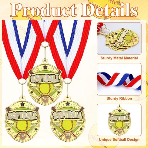 12 Pcs Gold Award Medals Bulk 2.2 Inch Basketball Volleyball Royal Dance Softball Metal Medals with Neck Ribbons Metal Trophy Award Prize Gifts for Tournaments Sports Competitions in Saudi Arabia