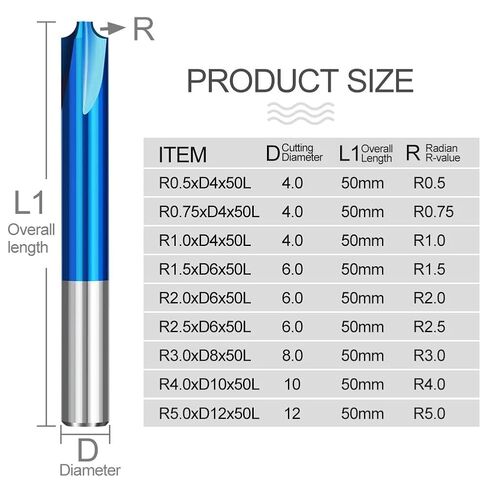 4mm 6mm Shank Milling Cutter Corner Rounding End Mill Nano Blue Coated Carbide Radius Router Bit for CNC Machine R0.5-R5.0(R5xD12x50L) in Kuwait