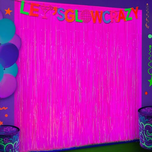 3 Pack Glow in The Dark Party Supplies, Neon Party Decorations Fluorescent Tinsel Curtains with Let's Glow Crazy Banner, Macaron Yellow Photo Booth Prop Backdrop, Neon & Glow Birthday Party Decor in Saudi Arabia