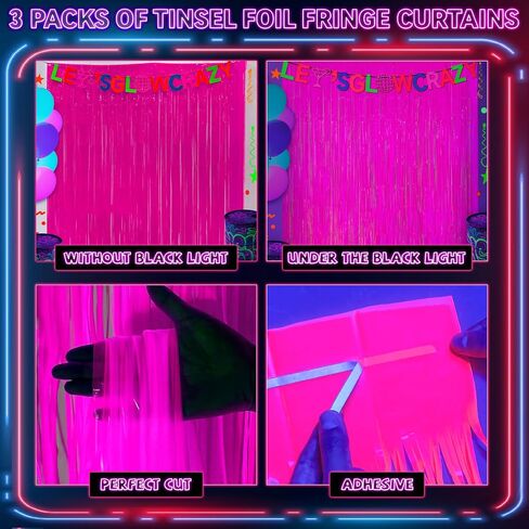 3 Pack Glow in The Dark Party Supplies, Neon Party Decorations Fluorescent Tinsel Curtains with Let's Glow Crazy Banner, Macaron Yellow Photo Booth Prop Backdrop, Neon & Glow Birthday Party Decor in Saudi Arabia