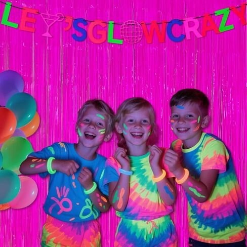 3 Pack Glow in The Dark Party Supplies, Neon Party Decorations Fluorescent Tinsel Curtains with Let's Glow Crazy Banner, Macaron Yellow Photo Booth Prop Backdrop, Neon & Glow Birthday Party Decor in Saudi Arabia