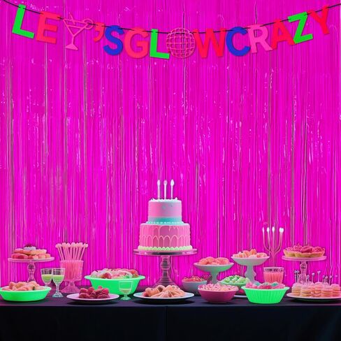 3 Pack Glow in The Dark Party Supplies, Neon Party Decorations Fluorescent Tinsel Curtains with Let's Glow Crazy Banner, Macaron Yellow Photo Booth Prop Backdrop, Neon & Glow Birthday Party Decor in Saudi Arabia