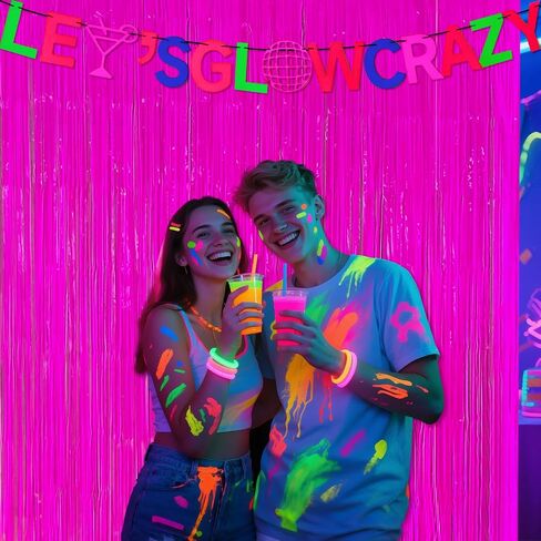 3 Pack Glow in The Dark Party Supplies, Neon Party Decorations Fluorescent Tinsel Curtains with Let's Glow Crazy Banner, Macaron Yellow Photo Booth Prop Backdrop, Neon & Glow Birthday Party Decor in Saudi Arabia