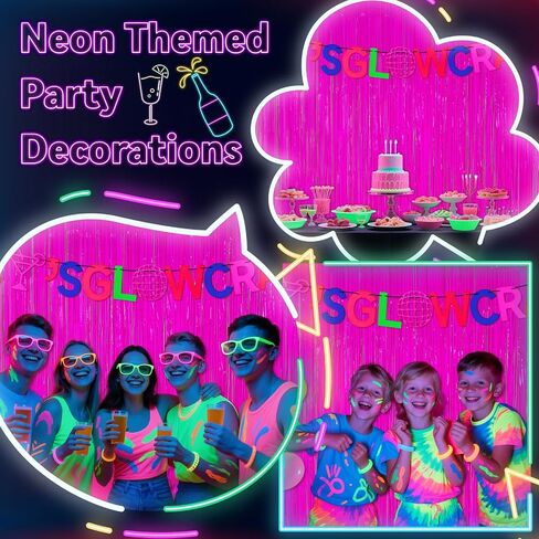 3 Pack Glow in The Dark Party Supplies, Neon Party Decorations Fluorescent Tinsel Curtains with Let's Glow Crazy Banner, Macaron Yellow Photo Booth Prop Backdrop, Neon & Glow Birthday Party Decor in Saudi Arabia