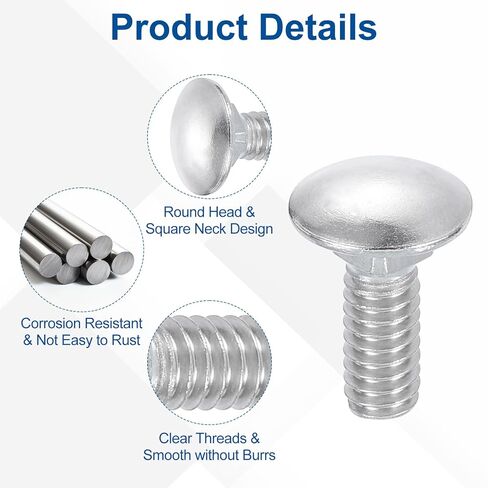 uxcell 20Pcs Carriage Bolts, 1/4"-20x3/4 Stainless Steel 18-8 (304) Round Head Square Neck Screws Bolt Screw for Fastening Accessories - Silver in Saudi Arabia