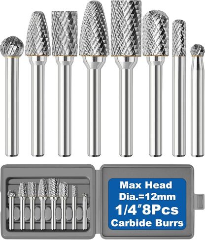 8Pcs Carbide Burr Set 1/4 Shank w/Grey Flat Box Max Head Dia 12mm Die Grinder Bits Rotary Tools Attachment Kit Accessories Metal Wood Stone Steel Grinding Deburring Cutting Porting Carving in Kuwait